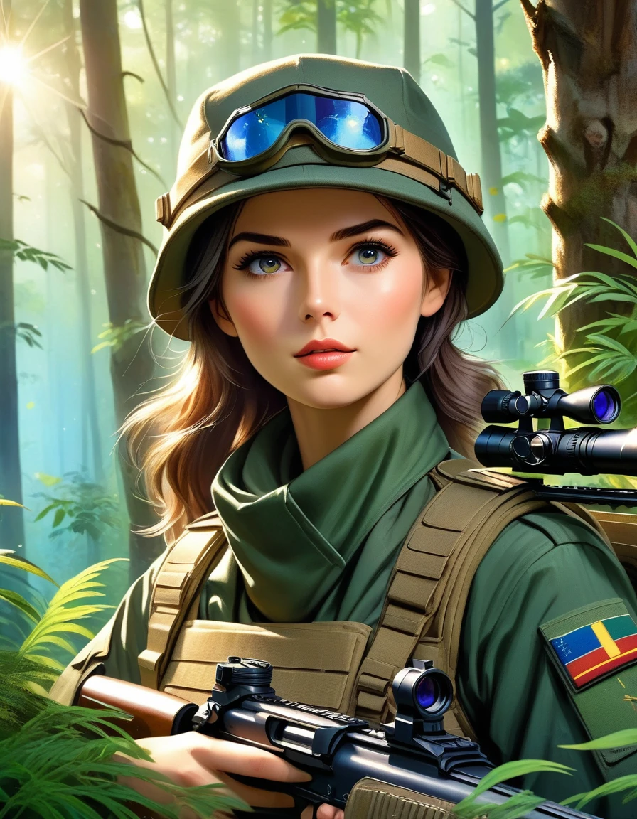 A female sniper,Octetopter， Intricate details, Highly detailed military uniform, Delicate face, beautiful eyes, Long eyelashes, Determine the expression, Holding, In a forest environment, Sunlight through the trees, light, Vibrant colors, Drama, masterpiece,Aim the camera