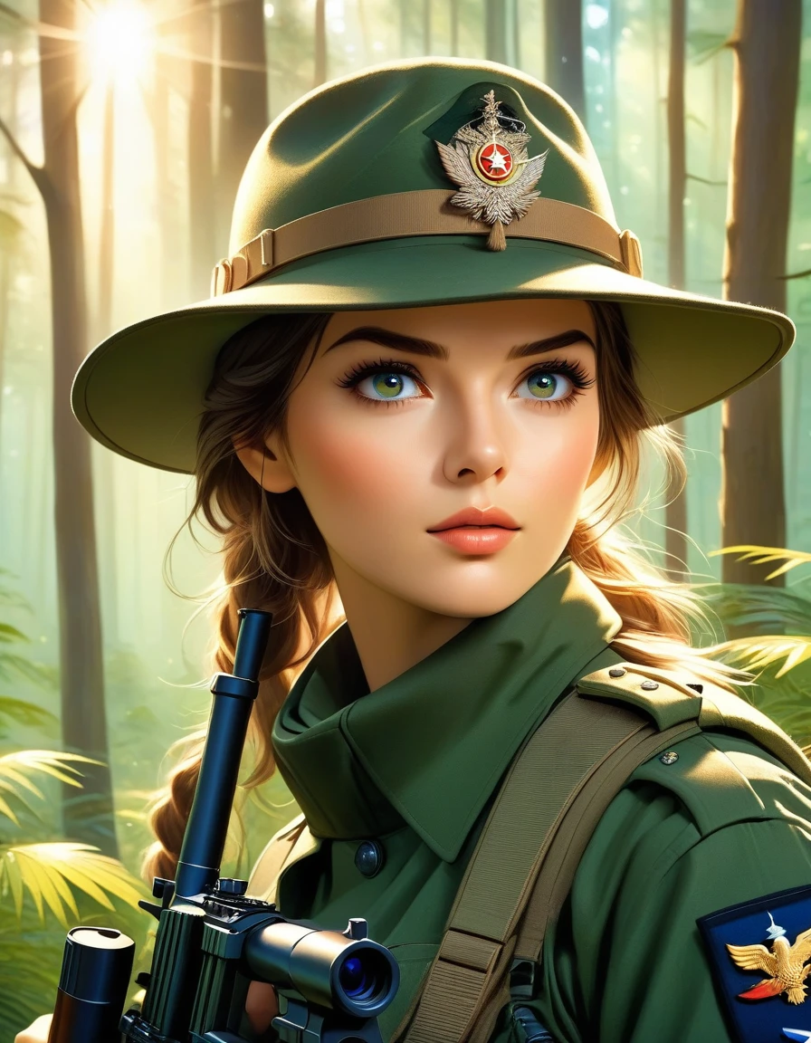 A female sniper,Octetopter， Intricate details, Highly detailed military uniform, Delicate face, beautiful eyes, Long eyelashes, Determine the expression, Holding, In a forest environment, Sunlight through the trees, light, Vibrant colors, Drama, masterpiece,Aim the camera