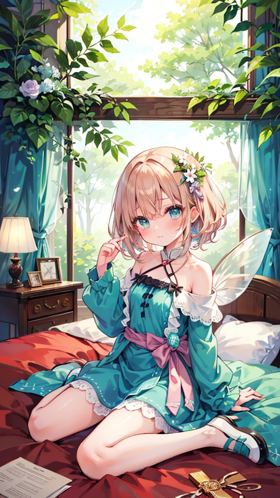 (masterpiece, best quality:1.3), 1 girl, 独奏, teenager,(top quality eyes:1.3),18 year old girl、bed、My Room、Normal size breasts、wariza、Pastel color fairy style。The mint green tunic dress is made of light chiffon material.、Lace detailing on sleeves and hem。There is a delicate wing accessory on the shoulder.、A flower garland belt is worn around the waist.。Flat shoes are also in pastel colors.、The base is decorated with small flowers.。In the background is a fantastic forest landscape.。