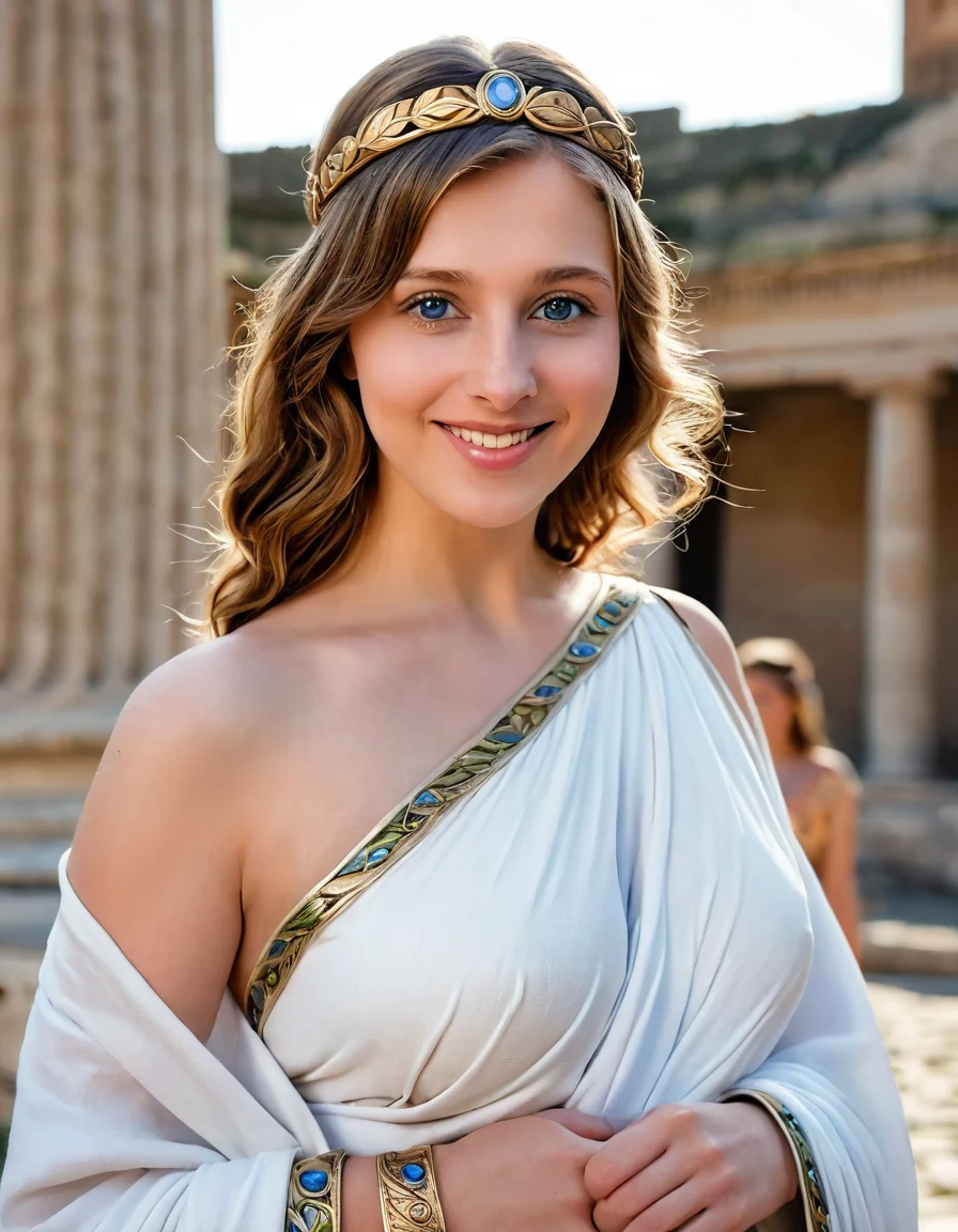 Close up , looking at camera , 1 century, Empire of Roman girl, 1 girl is 26 age old, (Light brown hair, middle hair , wince, brown eyes, beautiful lip, olive leaf tiara, Roman jewel, smile), (big breasts, slender whist, wide hip) ,(wearing White an ancient Roman imperial  ionic tunic), (Blue Toga,  one-shoulder robe:1.3), sandal, in Palace, in Roman, standing pose, sunset, textured skin , Hi-detailed skin, (4 fingers and 1 thumb), (foreshortening, Canon, UHD, anatomically correct, super detail, high details, highness,