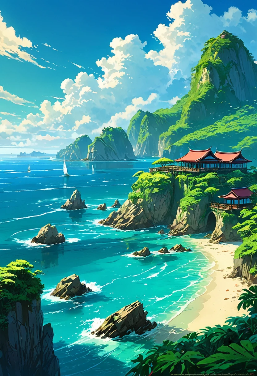 oceanが目の前の景色、tropical、ocean、ocean岸、cliff、bungalow、complicated、turquoise、Emerald green、Sunlight、water surface、rock、cloud、Blue sky、summer、Heaven、beautiful、vivid、nature、trip、holiday、beautiful Animated landscapes, landscape painting, Faro, beautifulデジタル絵画, Andreas Rocha, beautifulアートワークのイラスト, Great wallpaper, Han Ruiwen, 背の高いbeautiful絵画, スタジオグリブリー 新ocean誠, beautiful壁紙, Animated landscapes
