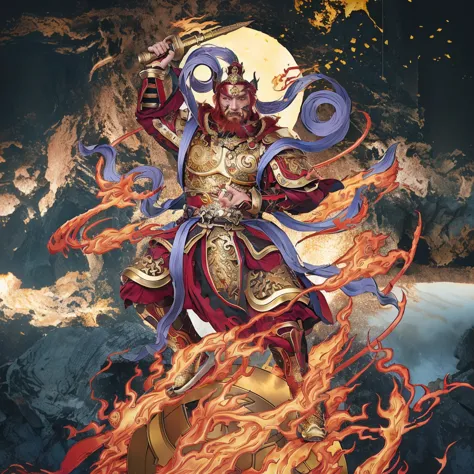 red hair male chinese warrior (3 eyes) asura look, ancient chinese armour, surrounded by fire, standing on a huge metallic wheel...