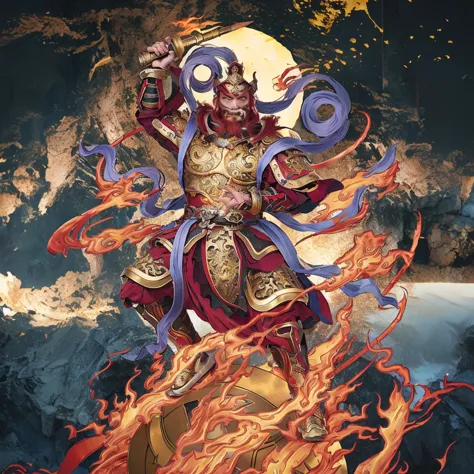 red hair male chinese warrior (3 eyes) asura look, ancient chinese armour, surrounded by fire, standing on a huge metallic wheel...