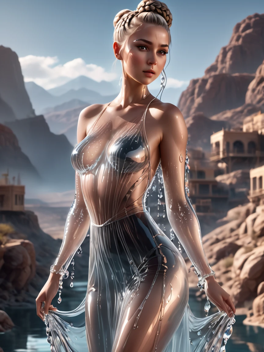 breathtaking beautiful woman wearing a (water bodysuit) completely transparent Arching in New Vegas, Crane Shot, from down low, [full body],
worried,
Braided Bun,
Ash Blonde hair, . award-winning, professional, highly detailed