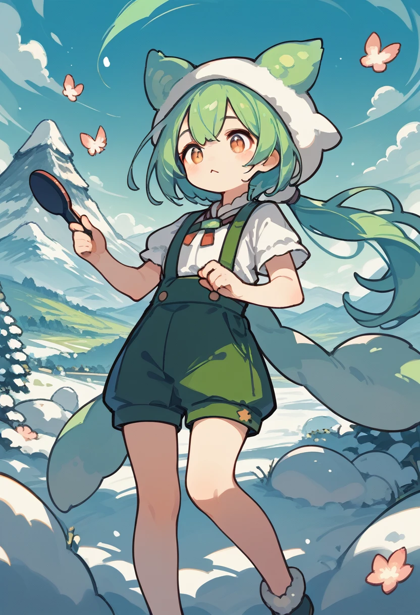 Zundamo,Voice Box,Girl with green hair, Brush Sticker, Animal ears, Long Hair, Low Ponytail, Hair Ears,White shirt, Short sleeve, suspender Shorts,Shorts, Puff sleeves,fly in the sky, Snowy mountain background, Portraiture,