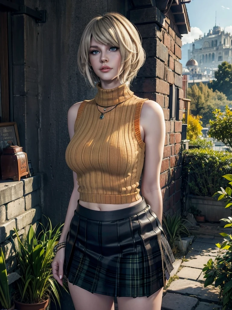 Ashley_BareShoulders_ownwaifu, 1girl, short hair, blonde hair, lips, bob cut, large breasts, blue eyes, freckles, bangs, nose, sleeveless, sleeveless turtleneck, skirt, jewelry, plaid skirt, bare shoulders, necklace, orange sweater, miniskirt, ribbed sweater, green skirt, sleeveless sweater, navel, scarf, pleated skirt, black pantyhose, turtleneck sweater, collarbone, medium hair, (masterpiece), (best quality), (highres), (extremely detailed CG unity 8k wallpaper), outdoors, day, cowboy shot, looking at viewer, solo, focused,orejas de pantera, Trenza lateral, Proporciones demenciales, grueso, pechos grandes en forma de lágrima, muy sensual, rubor, Top corto en V muy profundo, falda corta con abertura lateral, mejor calidad, arte completo,

