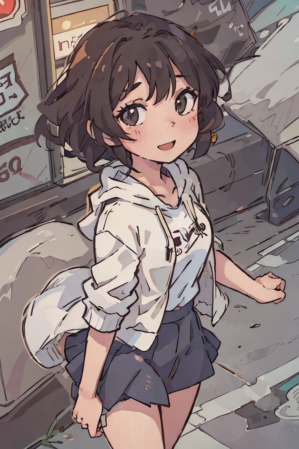 (best quality:0.8) Perfect anime illustration, A beautiful, On the streets of the city，Happy woman with short brown curly hair, Wearing a hoodie, skirt