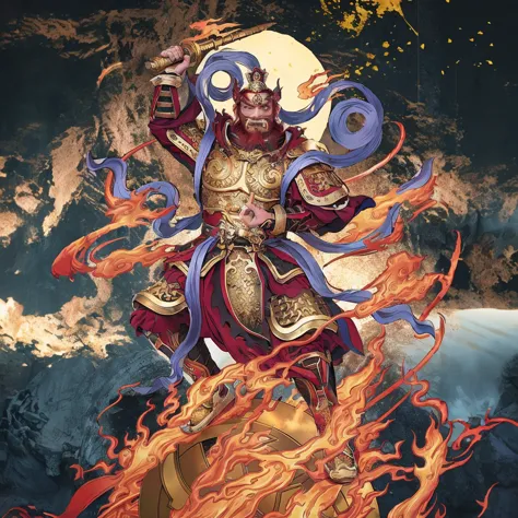 red hair male Chinese warrior (3 eyes) asura look, ancient Chinese armour, surrounded by fire, standing on a huge metallic wheel...