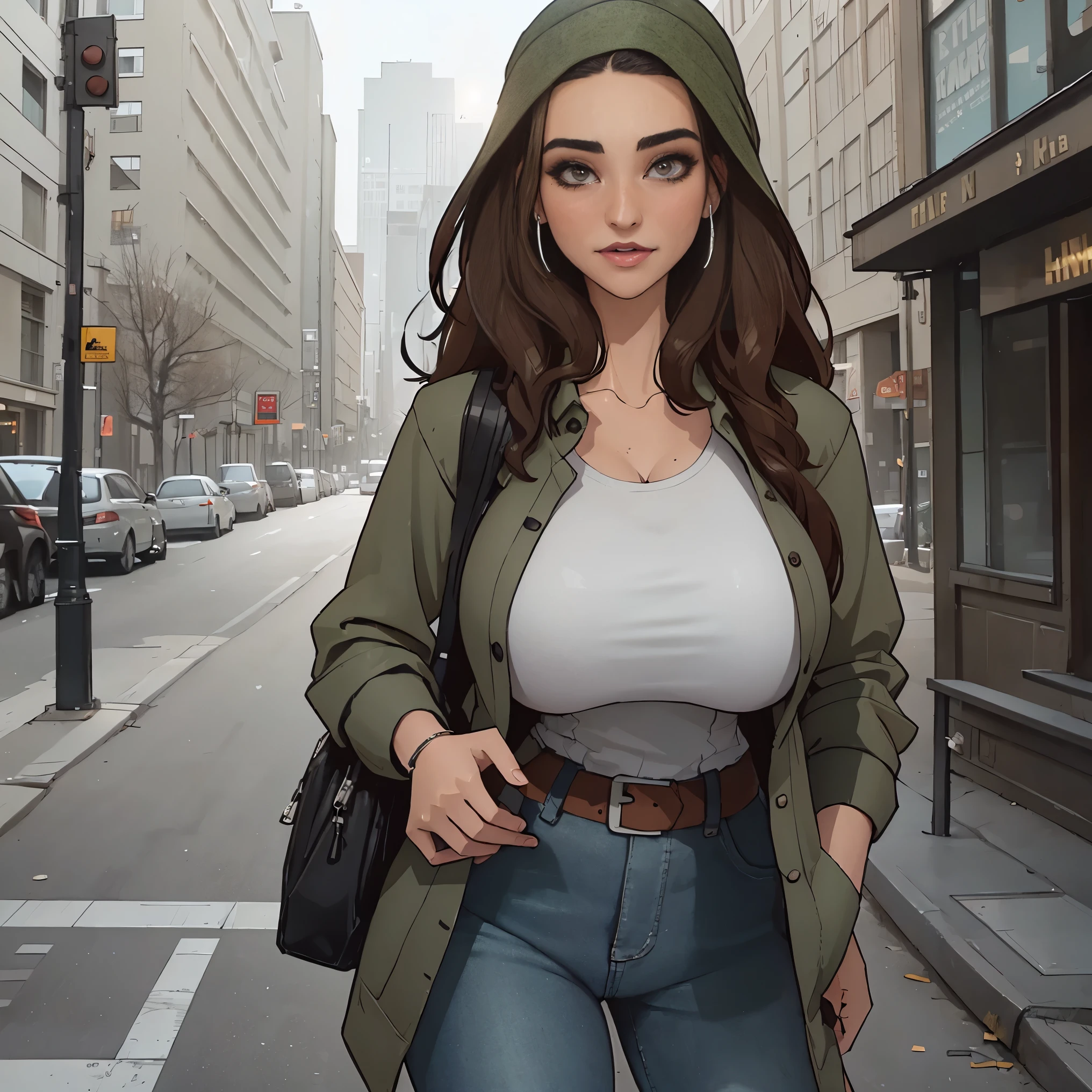 Extremely busty thin and toned brunette photographer, college girl, fair skin, loose side sweep, soft face, athletic, bandana babushka headwrap, tight olive green casual windbreaker, skinny jeans. standing in front of her apartment building, outdoors, city, camera bag, cleavage 