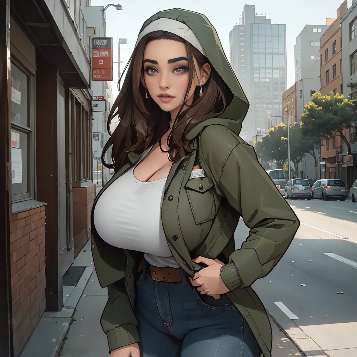 Extremely busty thin and toned brunette photographer, college girl, fair skin, loose side sweep, soft face, athletic, bandana babushka headwrap, tight olive green casual windbreaker, skinny jeans. standing in front of her apartment building, outdoors, city, camera bag, cleavage 