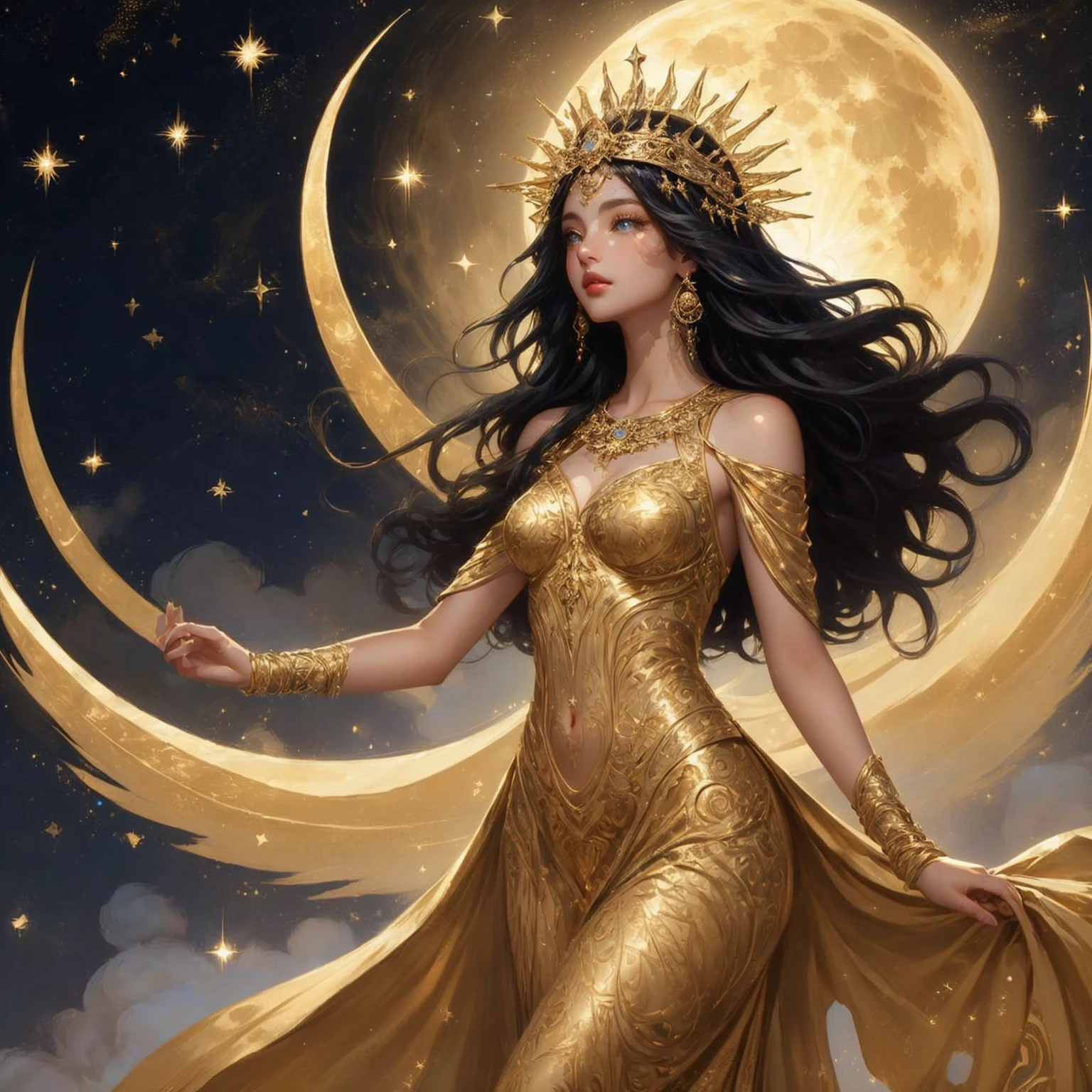 A woman in a golden dress stands in front of a starry sky. , The outfit sparkled with starlight. , Fine gold set, celestial goddess, beautiful heavenly mage, gorgeous goddess of leo, Argerm Julie Bell Beeple, goddess of light, moon goddess, as the goddess of the sun, Carole Bak and Peter Mohbacher, goddess. Very high detail, goddess of the sun, lunar goddess , Saw the navel. , star background , black hair , golden sparkle , blue eyes , Fine thin stockings very well It has a golden star shape.,moon background