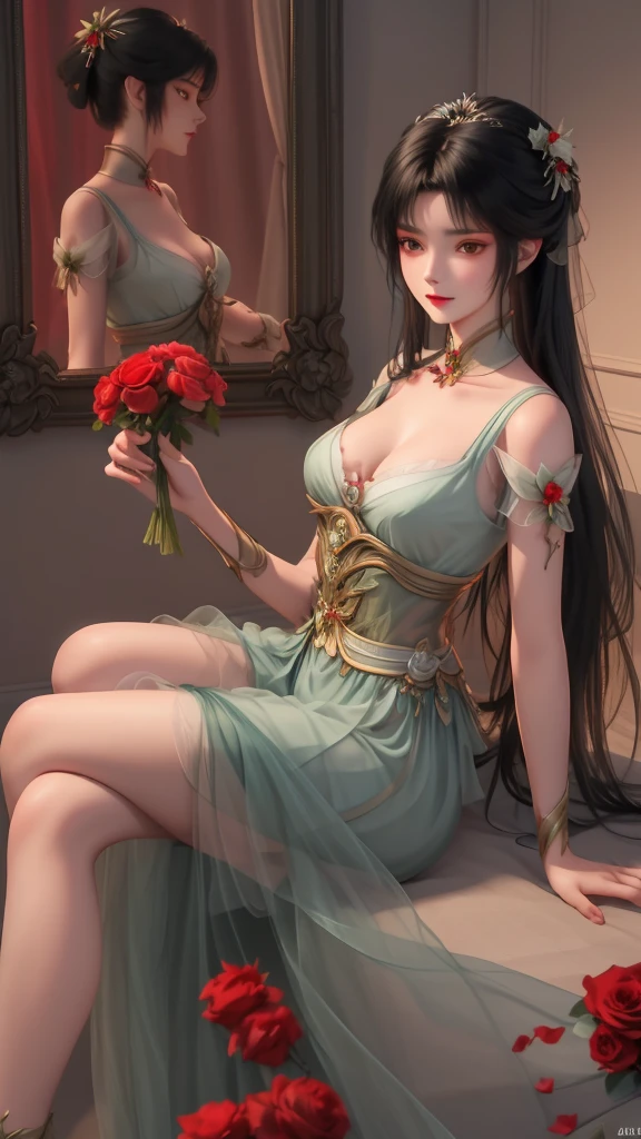 Limuwan,front-side view of a girl with long black hair wearing red tulle and red long skirt,red bra,with a bouquet of roses in his hand,white veil,high_heels,in the bedroom,sitting on the bed,highly detailed,ultra-high resolutions,32K UHD,best quality,masterpiece,solo，