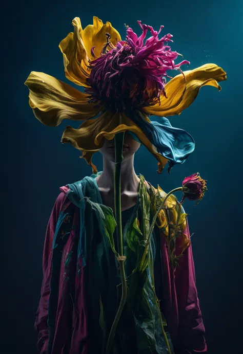 a human shaped wilted flower, portraits, disfigured forms, pop-culture-infused, hyper-realistic pop, surreal, photography, highl...