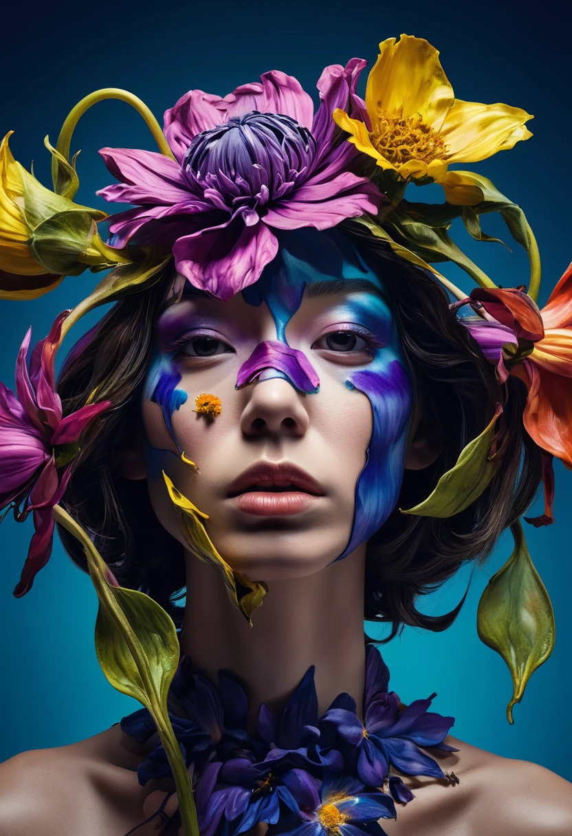 a human shaped wilted flower, portraits, disfigured forms, pop-culture-infused, hyper-realistic pop, surreal, photography, highly detailed, cinematic lighting, dramatic shadows, vibrant colors, intricate textures, masterpiece, 8k