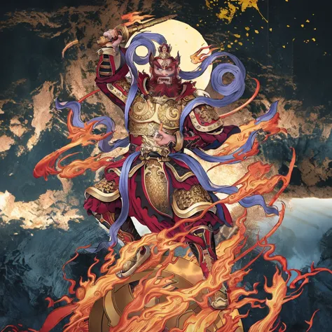 red hair male Chinese warrior (3 eyes) asura look, ancient Chinese armour, surrounded by fire, standing on a huge metallic wheel...