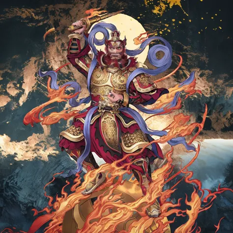red hair male Chinese warrior (3 eyes) asura look, ancient Chinese armour, surrounded by fire, standing on a huge metallic wheel...