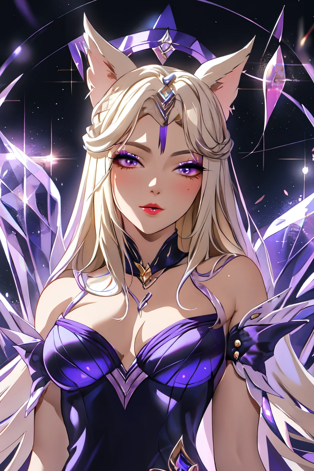 ((best quality)), ((masterpiece)), (detailed), detailed eyes, detailed hands, head to toe full-length body image, female humanoid kitsune, wearing a short kimono, crystal crown on top of her head, purple hair, purple fox ears, 2 purple crystal fox tails, 1 crystal eight-pointed star shape on forehead, delicate and beautiful detailing, beautiful face, well-proportioned detailed purple eyes, round detailed purple eyes and makeup, beautiful detailed and clear purple eyes, volume smooth and sharp, long flat bangs, fictional art, best photos, best quality, very beautiful and meticulous eight-pointed crystal star on forehead, delicate, mouth closed smile, not fully smiling, with a starry background