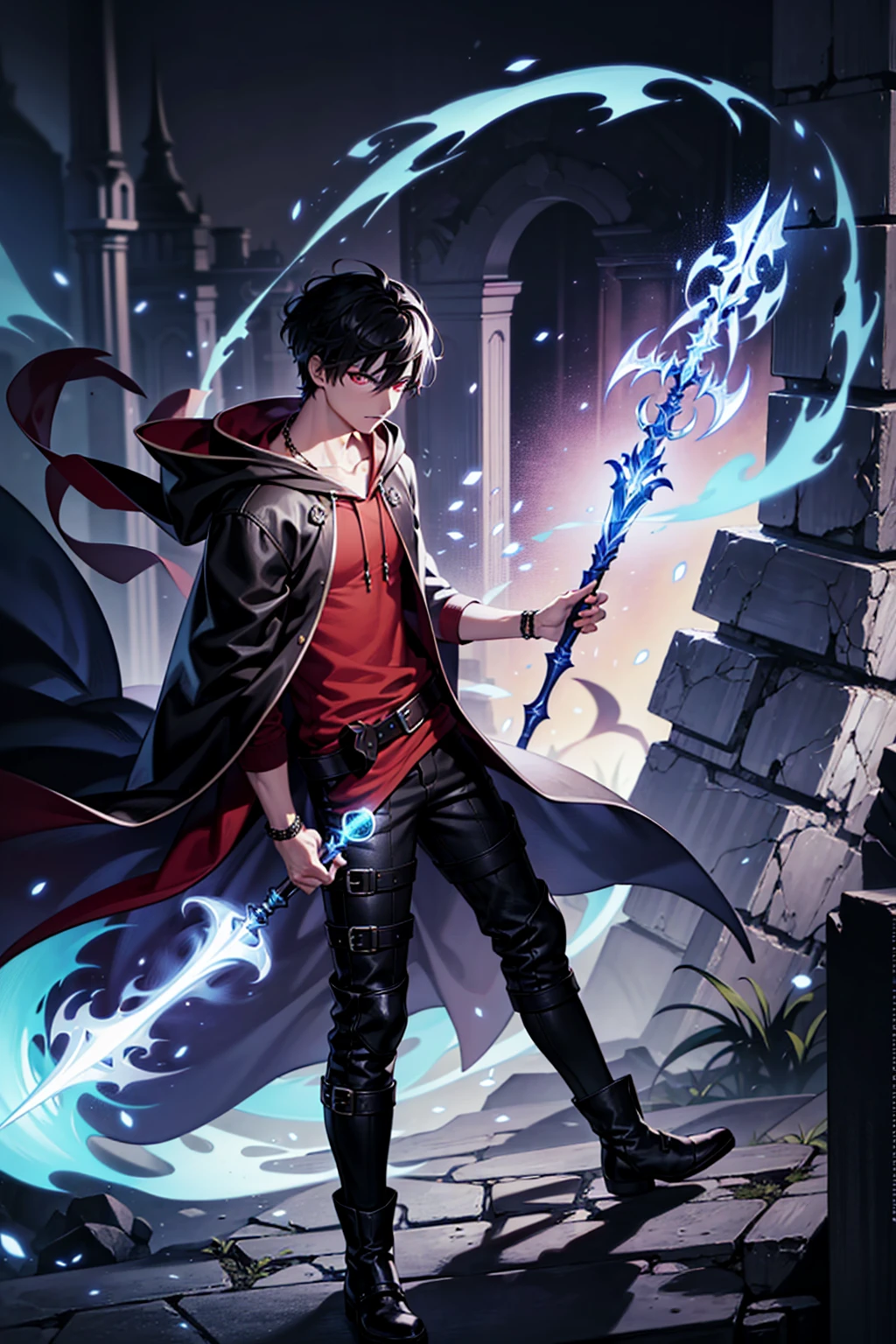 ((illustration)), (best quality)), ((masterpiece)), (detailed), ((front view)) anime, adult, male, dark hair, glowing eyes, white mage, combat boots, magic staff, arcane book, multiple belts, hoodie cloak, upper body, shadowarmy