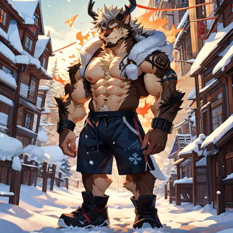 (masterpiece, best quality:1.2), asta from black clover anime, winter, body covered in light brown fur, furry style, muscle flex...