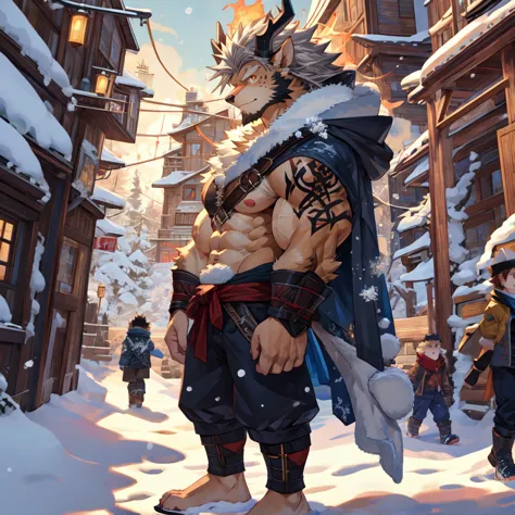 (masterpiece, best quality:1.2), asta from black clover anime, winter, body covered in light brown fur, furry style, muscle flex...