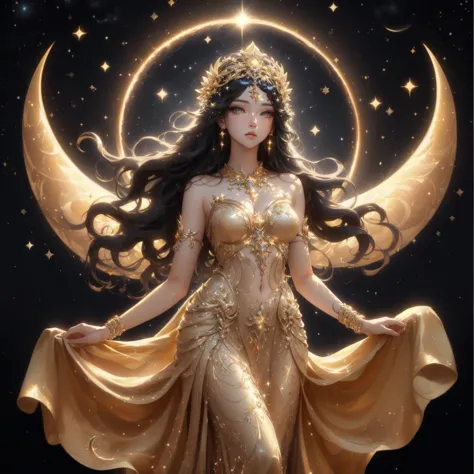 a woman in a golden dress stands in front of a starry sky., celestial goddess, beautiful heavenly mage, gorgeous goddess of leo,...