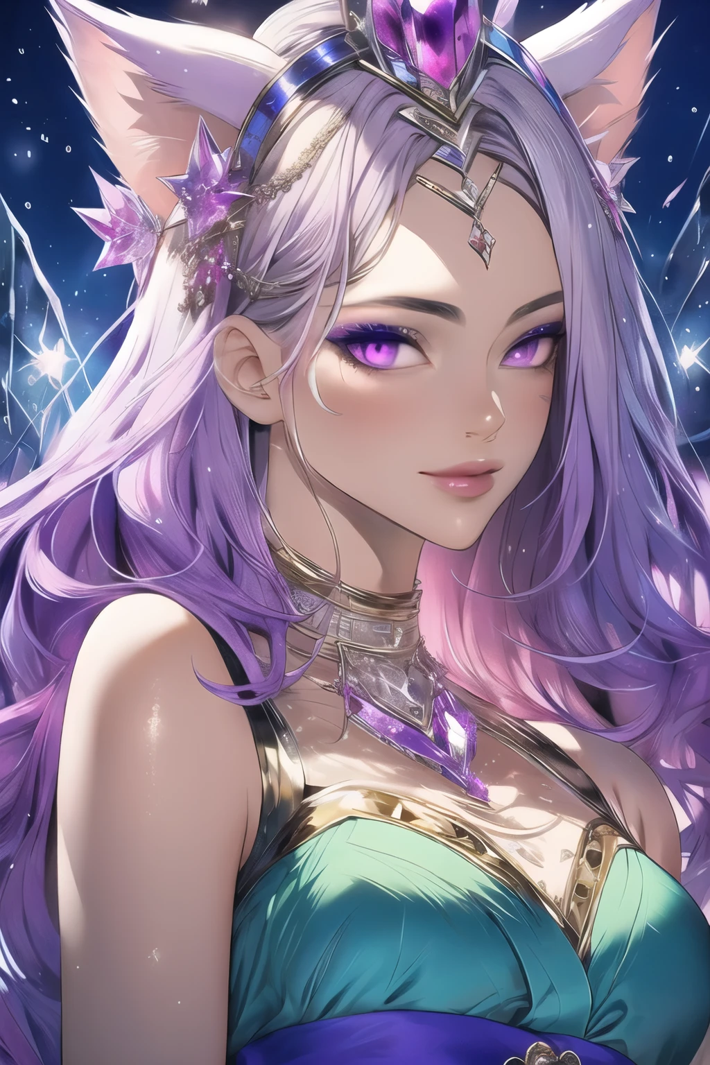 ((best quality)), ((masterpiece)), (detailed), detailed eyes, detailed hands, head to toe full-length body image, female humanoid kitsune, wearing a short kimono, crystal crown on top of her head, purple hair, purple fox ears, 2 purple crystal fox tails, 1 crystal eight-pointed star shape on forehead, delicate and beautiful detailing, beautiful face, well-proportioned detailed purple eyes, round detailed purple eyes and makeup, beautiful detailed and clear purple eyes, volume smooth and sharp, long flat bangs, fictional art, best photos, best quality, very beautiful and meticulous eight-pointed crystal star on forehead, delicate, mouth closed smile, not fully smiling, with a starry background