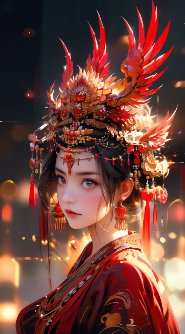 a girl in a red dress, long black hair, jewelry pearl earrings, looking over shoulder at viewer, half-body shot, frowning expression, hair accessories feathers, chinese traditional clothing, fringe on dress, blurred background, (best quality,4k,8k,highres,masterpiece:1.2),ultra-detailed,(realistic,photorealistic,photo-realistic:1.37),cinematic lighting,dramatic mood,cinematic composition,intricate details