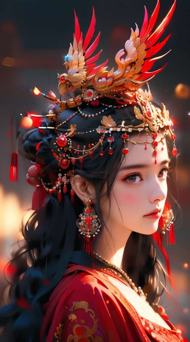 a girl in a red dress, long black hair, jewelry pearl earrings, looking over shoulder at viewer, half-body shot, frowning expression, hair accessories feathers, chinese traditional clothing, fringe on dress, blurred background, (best quality,4k,8k,highres,masterpiece:1.2),ultra-detailed,(realistic,photorealistic,photo-realistic:1.37),cinematic lighting,dramatic mood,cinematic composition,intricate details