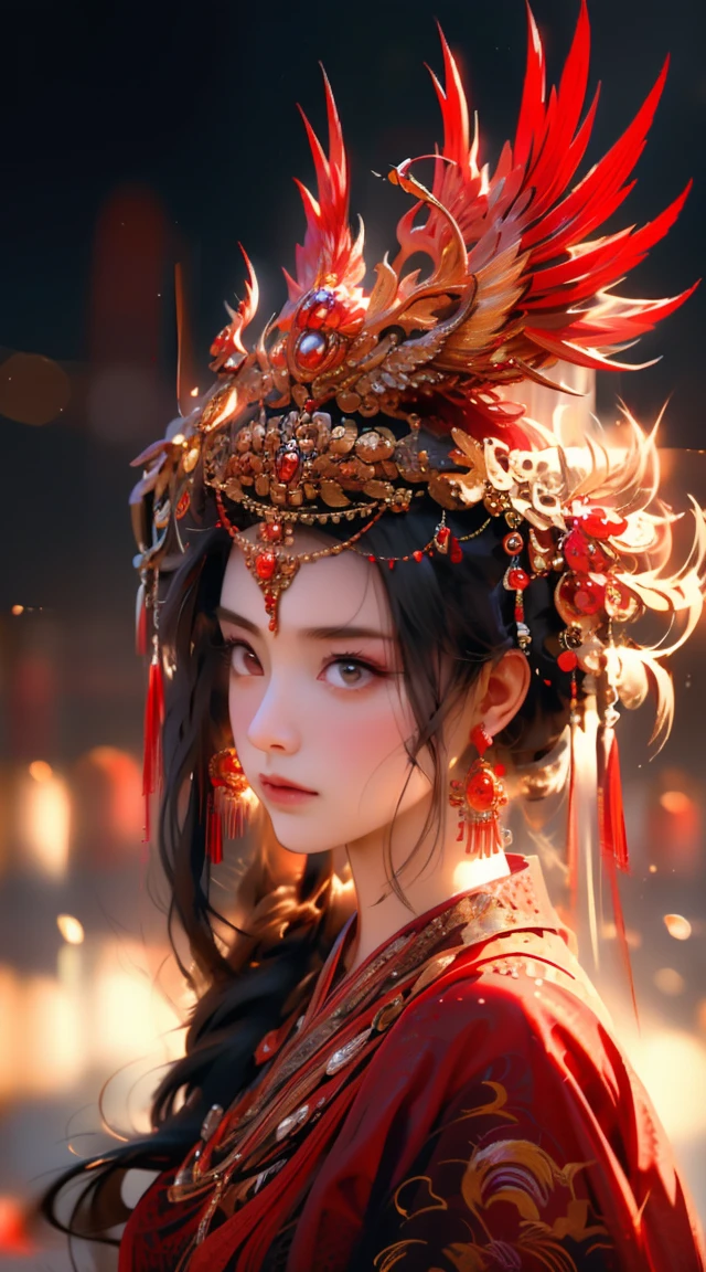 a girl in a red dress, long black hair, jewelry pearl earrings, looking over shoulder at viewer, half-body shot, frowning expression, hair accessories feathers, chinese traditional clothing, fringe on dress, blurred background, (best quality,4k,8k,highres,masterpiece:1.2),ultra-detailed,(realistic,photorealistic,photo-realistic:1.37),cinematic lighting,dramatic mood,cinematic composition,intricate details