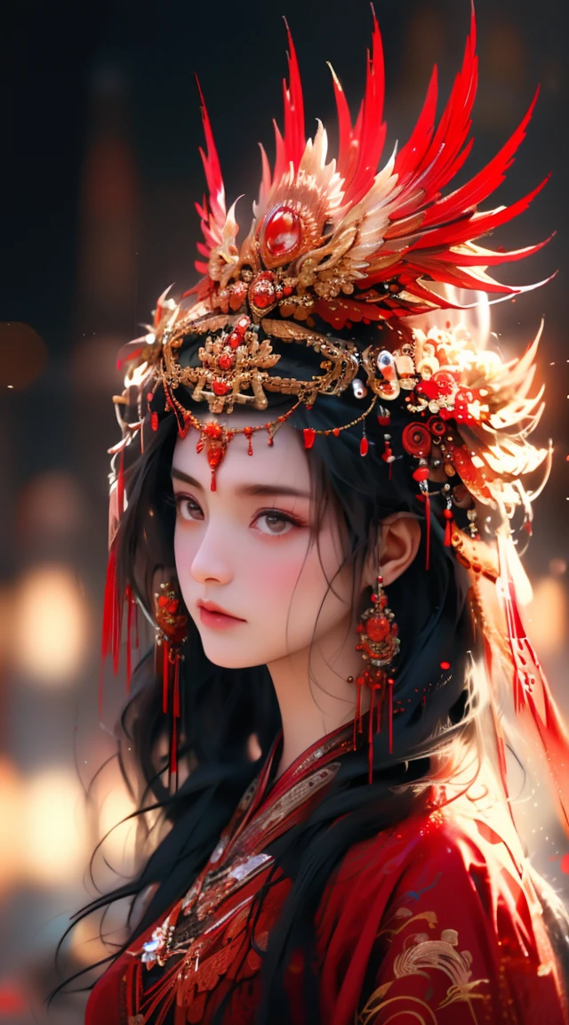 a girl in a red dress, long black hair, jewelry pearl earrings, looking over shoulder at viewer, half-body shot, frowning expression, hair accessories feathers, chinese traditional clothing, fringe on dress, blurred background, (best quality,4k,8k,highres,masterpiece:1.2),ultra-detailed,(realistic,photorealistic,photo-realistic:1.37),cinematic lighting,dramatic mood,cinematic composition,intricate details