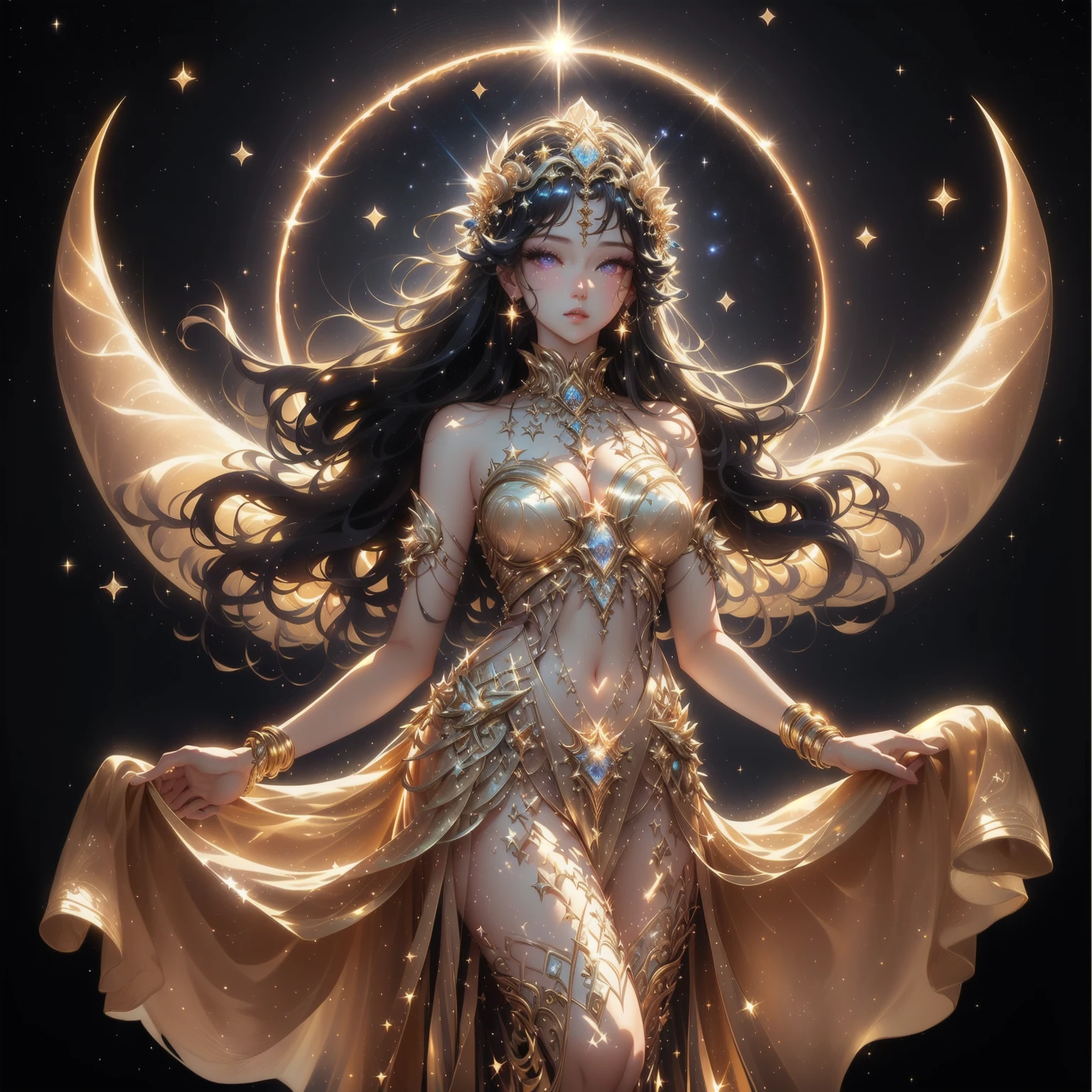 A woman in a golden dress stands in front of a starry sky., celestial goddess, beautiful heavenly mage, gorgeous goddess of leo, Argerm Julie Bell Beeple, goddess of light, moon goddess, as the goddess of the sun, Carole Bak and Peter Mohbacher, goddess. Very high detail, goddess of the sun, lunar goddess , Saw the navel. , star background , Light yellow hair , golden sparkle , purple eyes , thigh