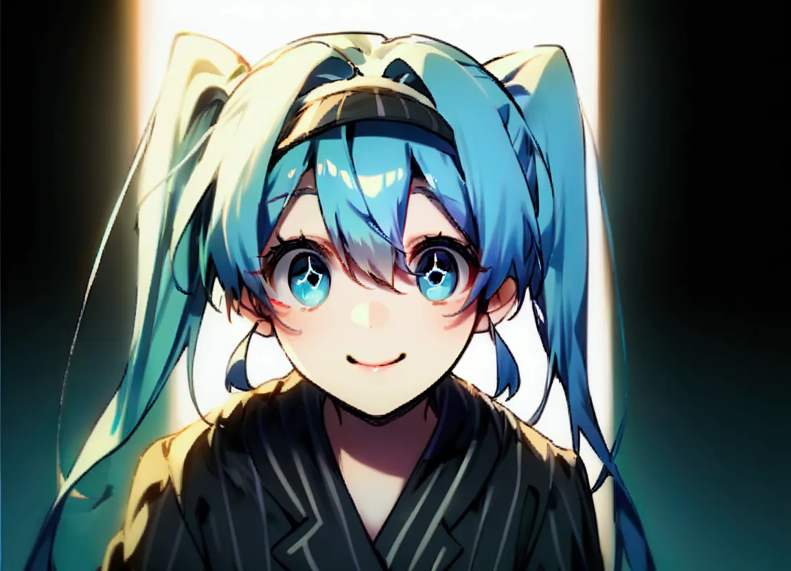 light blue hair, twin-tail hair, female, black suit, smile