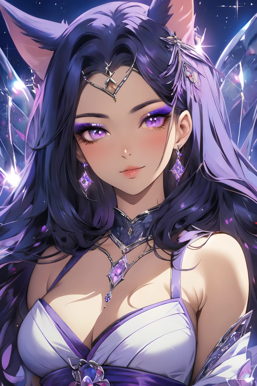 ((best quality)), ((masterpiece)), (detailed), detailed eyes, detailed hands, full-length body image, full-length body portrait, female humanoid kitsune, wearing a short kimono, crystal crown on top of her head, purple hair, purple fox ears, 2 purple crystal fox tails, 1 crystal eight-pointed star shape on forehead, delicate and beautiful detailing, beautiful face, well-proportioned detailed purple eyes, round detailed purple eyes and makeup, beautiful detailed and clear purple eyes, volume smooth and sharp, long flat bangs, fictional art, best photos, best quality, very beautiful and meticulous eight-pointed crystal star on forehead, delicate, mouth closed smile, not fully smiling, with a starry background