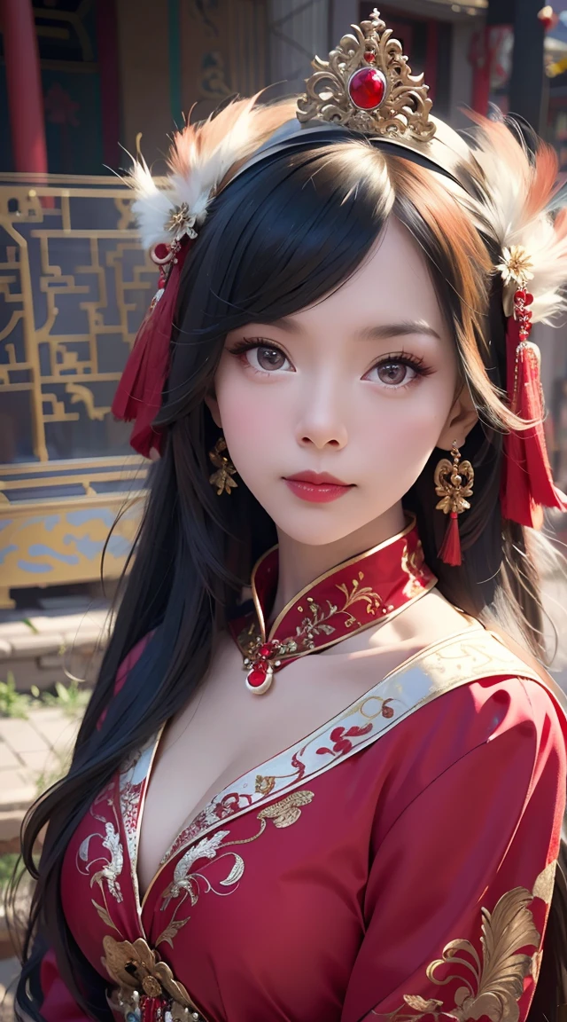 a girl in a red dress, long black hair, jewelry pearl earrings, looking over shoulder at viewer, half-body shot, frowning expression, hair accessories feathers, chinese traditional clothing, fringe on dress, blurred background, (best quality,4k,8k,highres,masterpiece:1.2),ultra-detailed,(realistic,photorealistic,photo-realistic:1.37),cinematic lighting,dramatic mood,cinematic composition,intricate details
