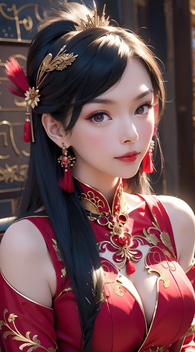 a girl in a red dress, long black hair, jewelry pearl earrings, looking over shoulder at viewer, half-body shot, frowning expression, hair accessories feathers, chinese traditional clothing, fringe on dress, blurred background, (best quality,4k,8k,highres,masterpiece:1.2),ultra-detailed,(realistic,photorealistic,photo-realistic:1.37),cinematic lighting,dramatic mood,cinematic composition,intricate details
