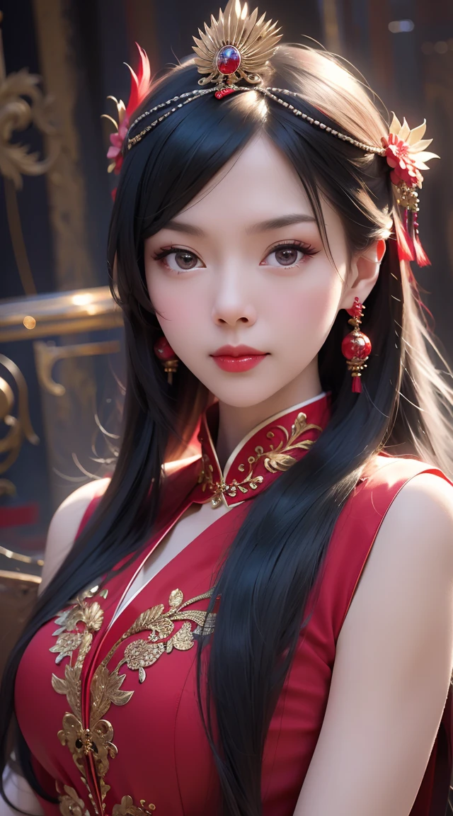 a girl in a red dress, long black hair, jewelry pearl earrings, looking over shoulder at viewer, half-body shot, frowning expression, hair accessories feathers, chinese traditional clothing, fringe on dress, blurred background, (best quality,4k,8k,highres,masterpiece:1.2),ultra-detailed,(realistic,photorealistic,photo-realistic:1.37),cinematic lighting,dramatic mood,cinematic composition,intricate details
