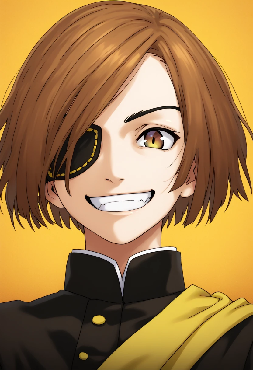 Two heads, conjoined, eye patch, Nobara, 1girl,solo,looking at viewer,smile,short hair,bangs,brown hair,brown eyes,,jacket,upper body,teeth,grin,swept bangs,portrait,gakuran,nail,kugisaki nobara 