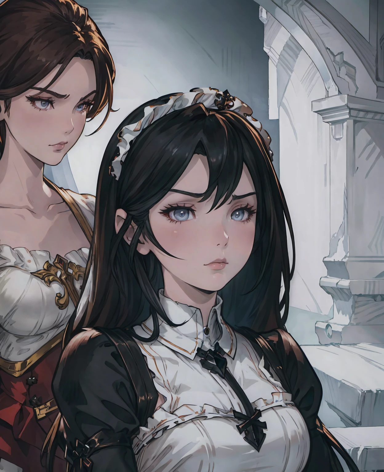 A beautiful young woman with long black hair, pale skin, and dark beautiful eyes, her face like a doll, wearing a maid uniform with a concerned expression, intricate details, realistic, photorealistic, hyper detailed, 8k, masterpiece, cinematic lighting, dramatic colors, chiaroscuro, elegant, ethereal, moody