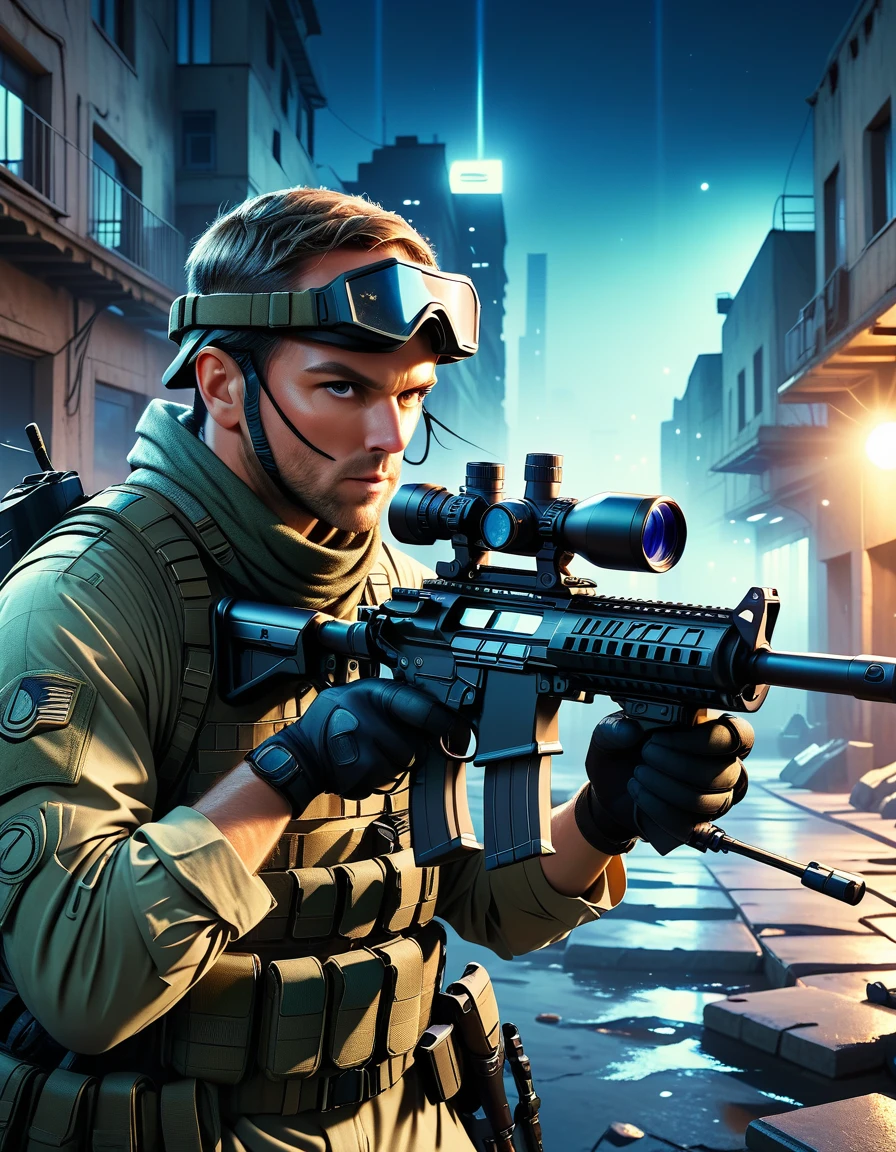 a highly detailed photorealistic military sniper in a tactical combat scenario, realistic tactical gear, NVG night vision goggles, extreme precision sniper rifle, dramatic lighting, tense action pose, gritty urban environment, cinematic composition, muted color palette, photorealistic rendering, 8k, best quality