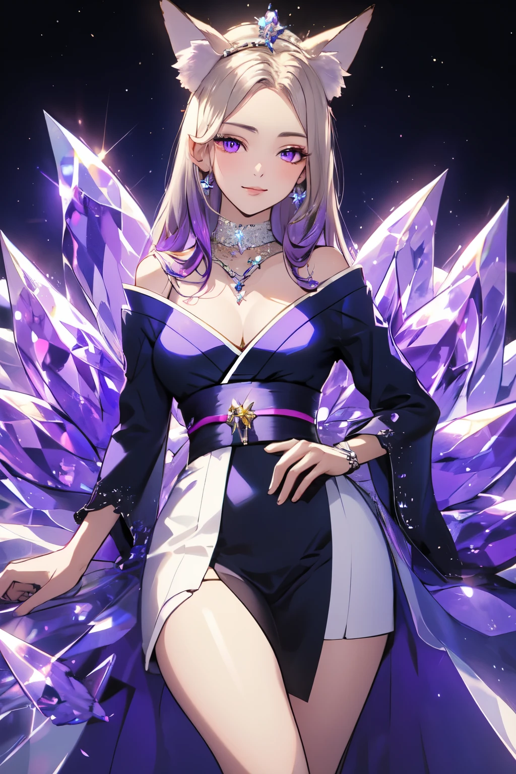 ((best quality)), ((masterpiece)), (detailed), detailed eyes, detailed hands, full-length body image, full-length image, female humanoid kitsune, wearing a short thigh length kimono, crystal crown on top of her head, purple hair, purple fox ears, 2 purple crystal fox tails, 1 crystal eight-pointed star shape on forehead, delicate and beautiful detailing, beautiful face, well-proportioned detailed purple eyes, round detailed purple eyes and makeup, beautiful detailed and clear purple eyes, volume smooth and sharp, long flat bangs, fictional art, best photos, best quality, very beautiful and meticulous eight-pointed crystal star on forehead, delicate, mouth closed smile, not fully smiling, with a starry background