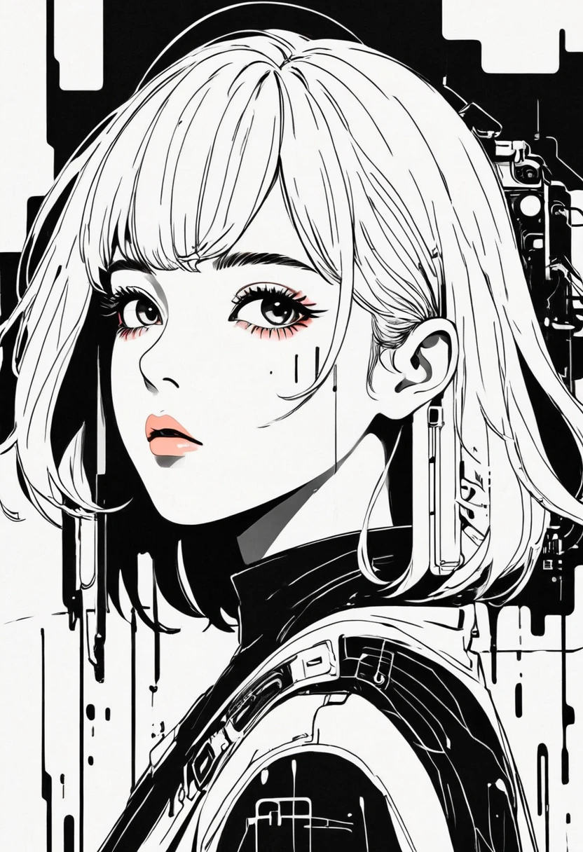 Montage Art Creation。Minimalism，ink，anime Line Art, A girl, Kawaii, Cyberpunk,  ink paint Line Art, Vector Art, Thick Line, Technical drawings, (Line Art:1.4), Minimalism者, masterpiece, black and white,