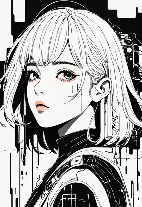 montage art creation。minimalism，ink，anime line art, a girl, kawaii, cyberpunk,  ink paint line art, vector art, thick line, tech...