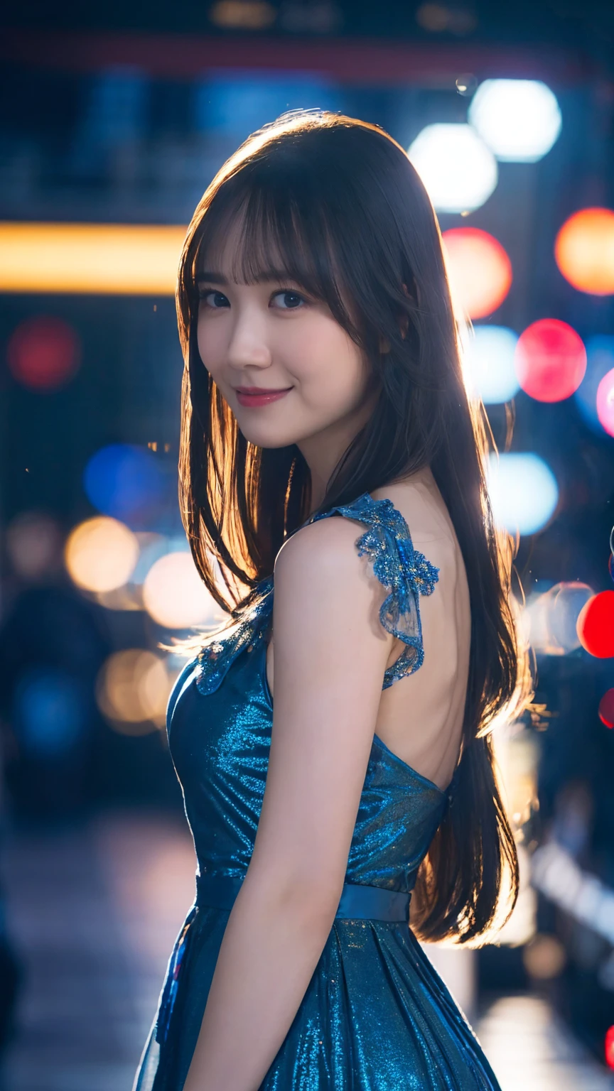 1girl,(wearing a blue glittery evening dress:1.2),(RAW photo, best quality), (realistic, photo-realistic:1.4), masterpiece, an extremely delicate and beautiful, extremely detailed, 2k wallpaper, Amazing, finely detail, extremely detailed CG unity 8k wallpaper, ultra-detailed, highres, soft light, beautiful detailed girl, extremely detailed eyes and face, beautiful detailed nose, beautiful detailed eyes,cinematic lighting,city lights at night,perfect anatomy,slender body,light smile,close up,(long hair with bangs), big breast