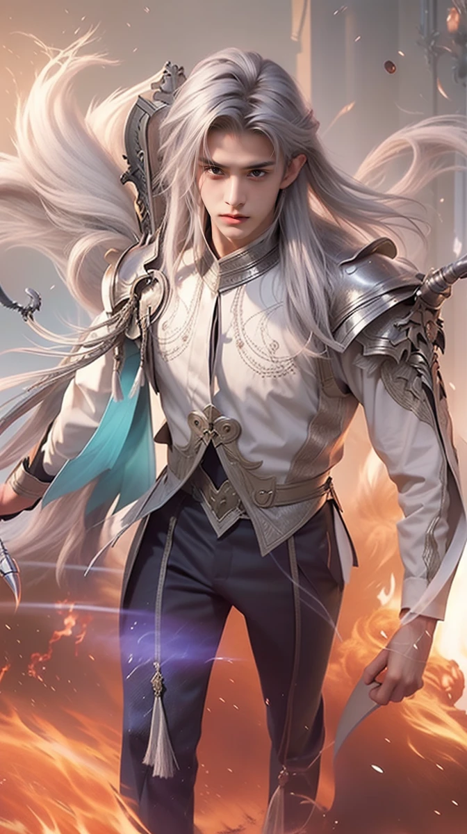 photorealistic,realistic,photography,masterpiece,best quality,ultra-detailed,extremely detailed CG unity 8k wallpaper,(1boy:1.1),silver hair,full body,the cage,smoke,flame,sword,holding a weapon,black theme,