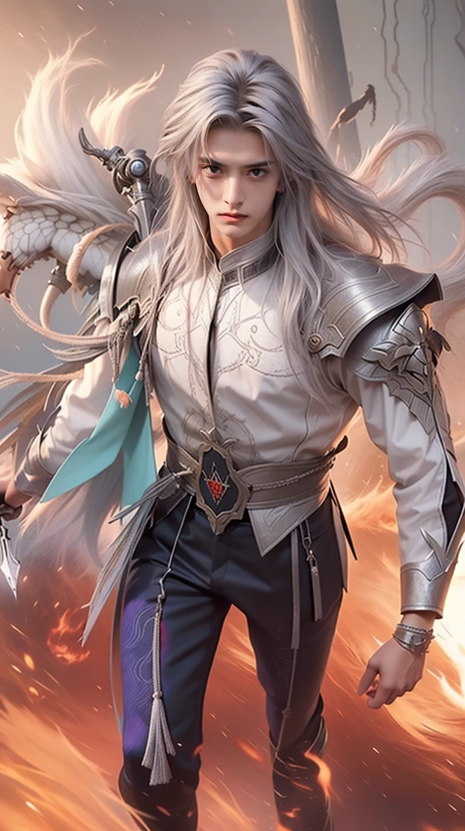 photorealistic,realistic,photography,masterpiece,best quality,ultra-detailed,extremely detailed CG unity 8k wallpaper,(1boy:1.1),silver hair,full body,the cage,smoke,flame,sword,holding a weapon,black theme,