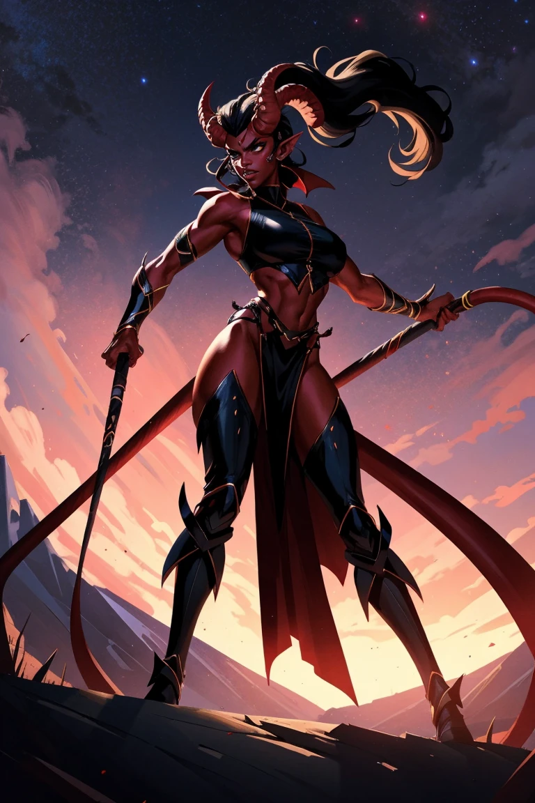 Red skin succubus tiefling, digitigrade legs, full breasts, huge breasts, black horns, wings, huge tail, black leather, crop top, long flowing pelvic curtain, tall, athletic, graceful, thin, long black ponytail. Action scene, whip. Dark scene, explosions, night sky.