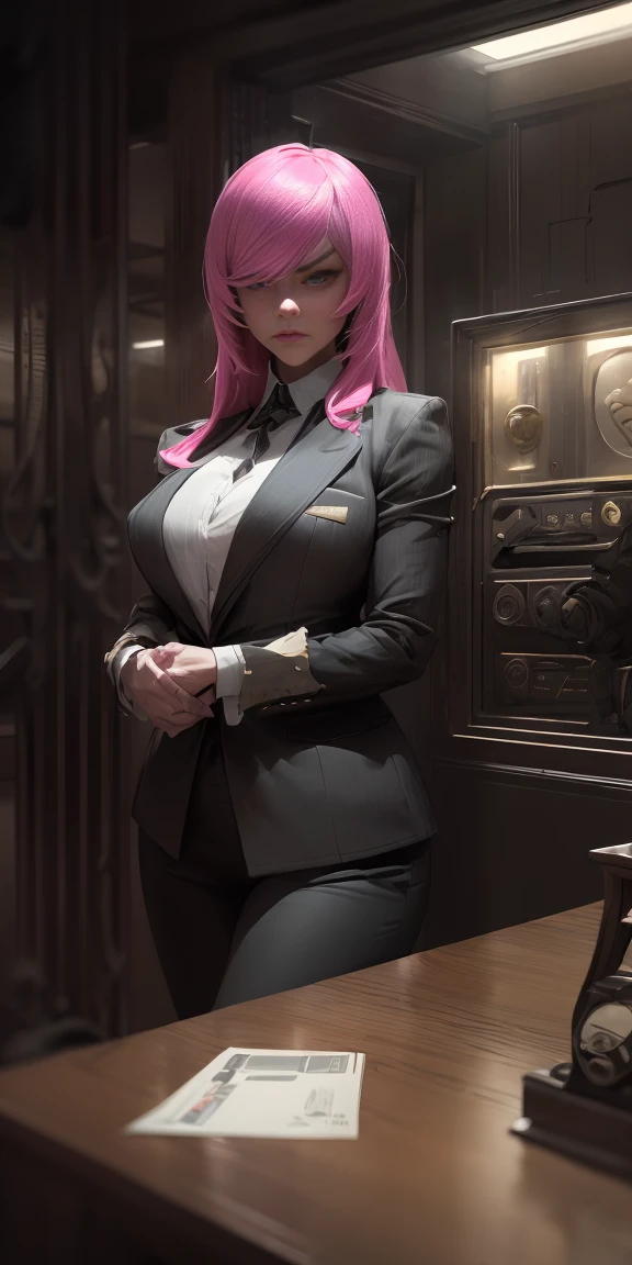 a pink-haired girl boss of the mafia,dark atmosphere,hidden weapons,high-end luxury cars,strategic meeting,secret hideout,heavy security,confident posture,determined look,fierce eyes,sleek and stylish outfit,dramatic lighting,gritty urban backdrop,intense expression,sharp suit,engaged in a power struggle,strong-willed leader,heavily guarded premises,menacing presence,exuding authority,dark,industrial aesthetic,forceful personality,criminal empire,dominant and powerful,underworld queenpin,bank vault full of money,loyal henchmen,sophisticated and calculated,lucrative illegal activities,plotting the downfall of rivals,impressive and intimidating,mastermind of criminal operations,a force to be reckoned with,commanding respect and fear,mysterious and enigmatic,sharp and cunning,in control of every situation,business negotiations with rival gangs,shrewd and calculating,commanding respect,untouchable and influential,boss lady of the criminal underworld,(best quality, highres,photorealistic)