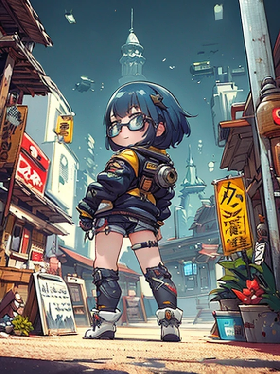 Cyberpunk Anime, Cinematic, High Resolution Computer Graphics, Dynamic Rear View, Best framing, HD12K quality, Tomboy, Blue Bob Cut Hair, Small breasts, Wide Hips, Wearing a tactical jacket, biker shorts, High Tech Glasses, Elegant mechanical arm and finely crafted, Sexier, Stylish trends, Cheeky Smile, Cool pose in a night city illuminated by virtual billboardanagement barcode，