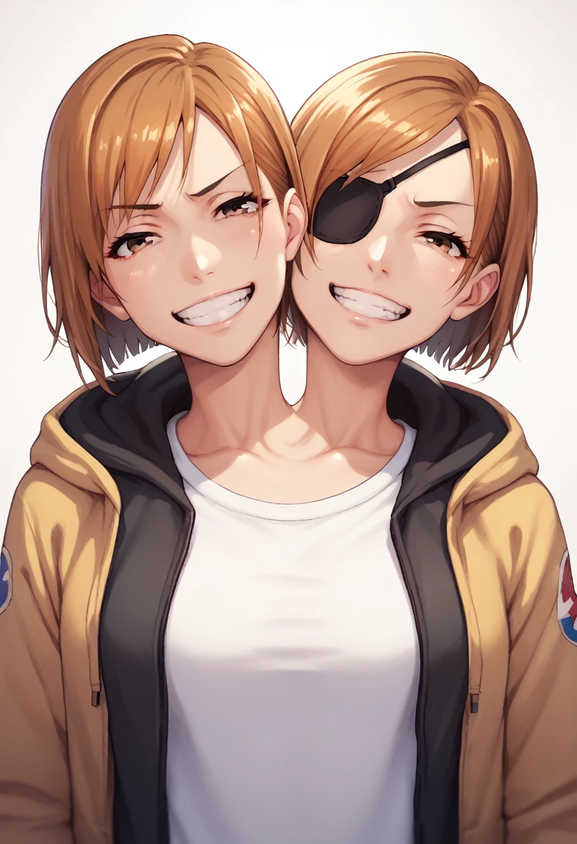 Two heads, conjoined, black eye patch, Nobara, 1girl,solo,looking at viewer,smile,short hair,bangs,brown hair,brown eyes,,jacket, half-body,teeth,grin,swept bang,gakuran,nail,kugisaki nobara 