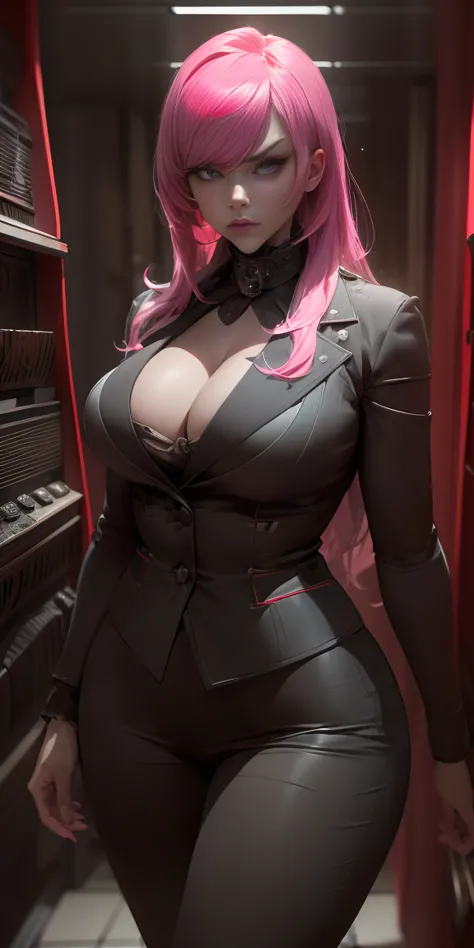 a pink-haired girl boss of the mafia,dark atmosphere,hidden weapons,high-end luxury cars,strategic meeting,secret hideout,heavy ...